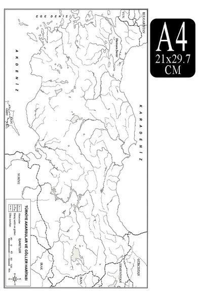Türkiye Akarsular ve Göller Haritası A4 10 Adet 21x29.7cm Türkiye Akarsu ve Göl Dilsiz Harita Fotokopi Proje Ödev Okul - 1