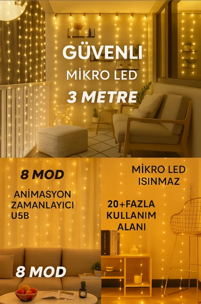 Perdesi Dize Işıkları, 3m x 3m 300 LED Peri Işıkları 8 Modlu Su Geçirmez LED Dize Işıklar Uzaktan Kumandalı ve Zamanlayıcı Kapalı Açık Bahçe - 5