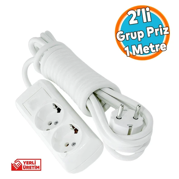 Grup Priz Kablolu 2'li Topraklı Fiş Çoğaltıcı 1 Metre Çoklu Asmalı Uzatma Kablosu Anahtarsız