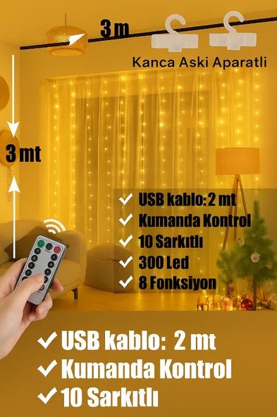 Perdesi Dize Işıkları, 3m x 3m 300 LED Peri Işıkları 8 Modlu Su Geçirmez LED Dize Işıklar Uzaktan Kumandalı ve Zamanlayıcı Kapalı Açık Bahçe - 4