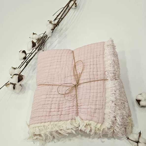 Pembe 7 Katlı Çift Taraflı Dolgulu Müslin Bebek-Çocuk Battaniyesi Pamuk 110X110 cm - 2