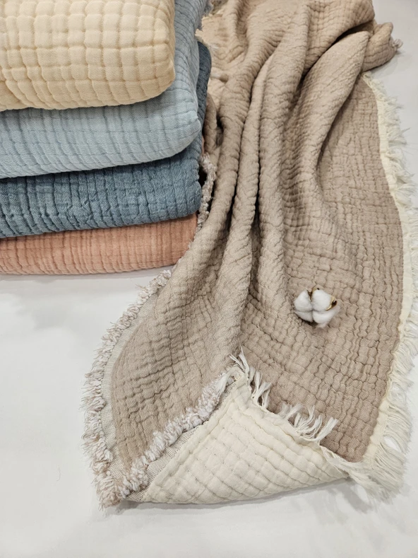 Kahverengi 7 Katlı Çift Taraflı Dolgulu Müslin Bebek-Çocuk Battaniyesi Pamuk 110X110 cm