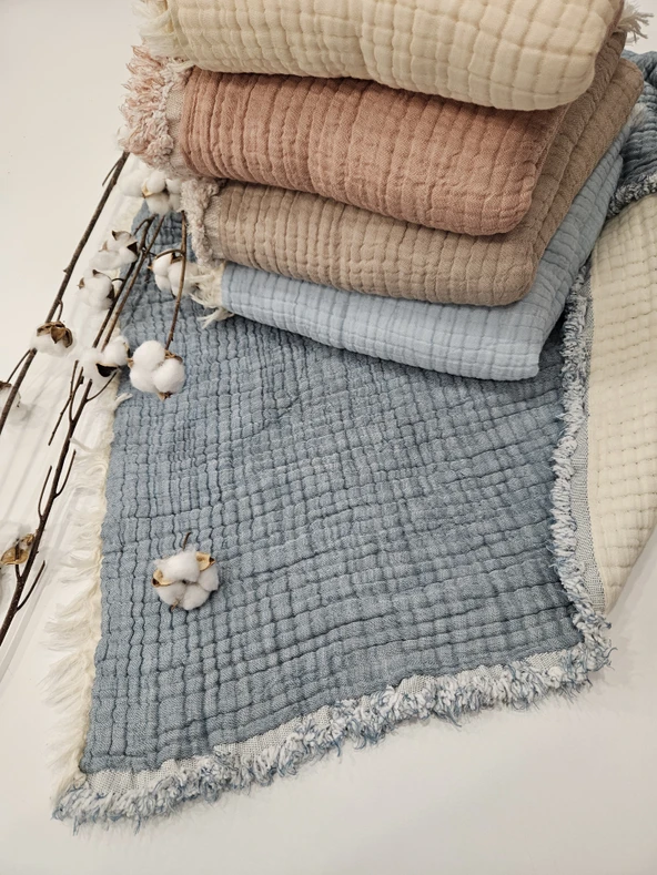 Denim Mavi 7 Katlı Çift Taraflı Dolgulu Müslin Bebek-Çocuk Battaniyesi Pamuk 110X110 cm - 2