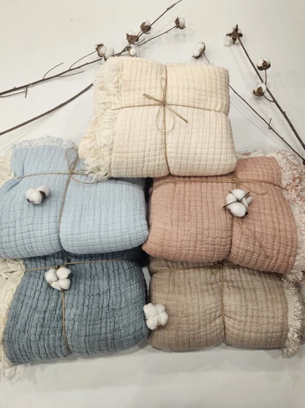 Kahverengi 7 Katlı Çift Taraflı Dolgulu Müslin Bebek-Çocuk Battaniyesi Pamuk 110X110 cm - 4