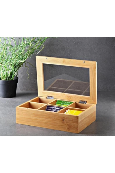 Bambu Organizer Kutu Takı Aksesuar Kutusu, Çay Kutusu 6 Bölmeli 24x16x7cm - 2