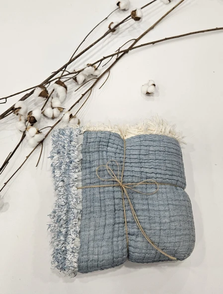 Denim Mavi 7 Katlı Çift Taraflı Dolgulu Müslin Bebek-Çocuk Battaniyesi Pamuk 110X110 cm - 3
