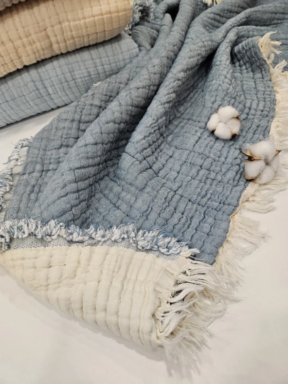 Denim Mavi 7 Katlı Çift Taraflı Dolgulu Müslin Bebek-Çocuk Battaniyesi Pamuk 110X110 cm