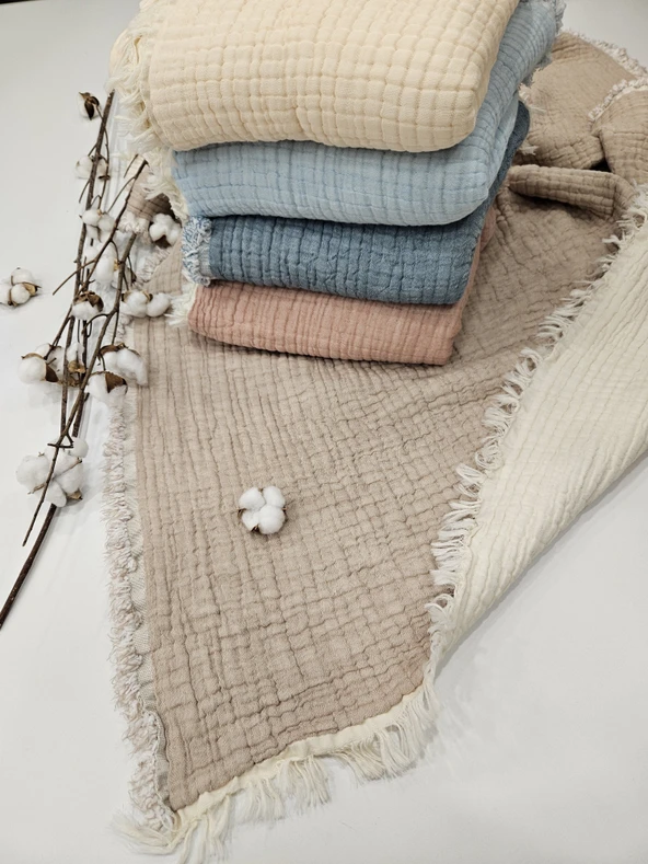 Kahverengi 7 Katlı Çift Taraflı Dolgulu Müslin Bebek-Çocuk Battaniyesi Pamuk 110X110 cm - 2