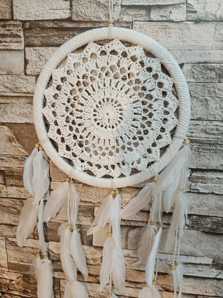 Düş Kapanı Makrome Dreamcatcher Ekru Kuş Tüyü Rüya Kapanı Duvar Süsü Elişi - 4