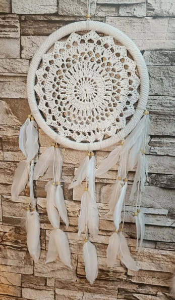 Düş Kapanı Makrome Dreamcatcher Ekru Kuş Tüyü Rüya Kapanı Duvar Süsü Elişi