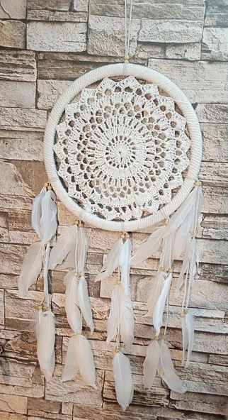 Düş Kapanı Makrome Dreamcatcher Ekru Kuş Tüyü Rüya Kapanı Duvar Süsü Elişi - 3