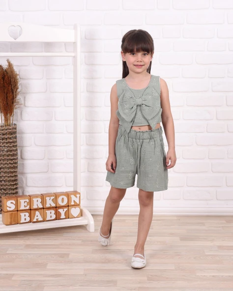 Serkon Kız Crop Muslin Şort Takım SER-0875