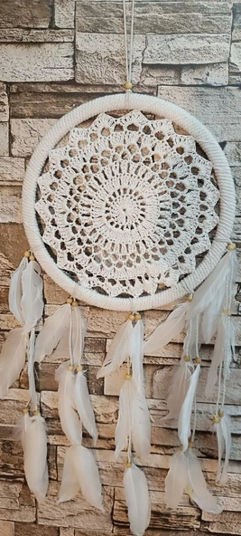 Düş Kapanı Makrome Dreamcatcher Ekru Kuş Tüyü Rüya Kapanı Duvar Süsü Elişi - 2