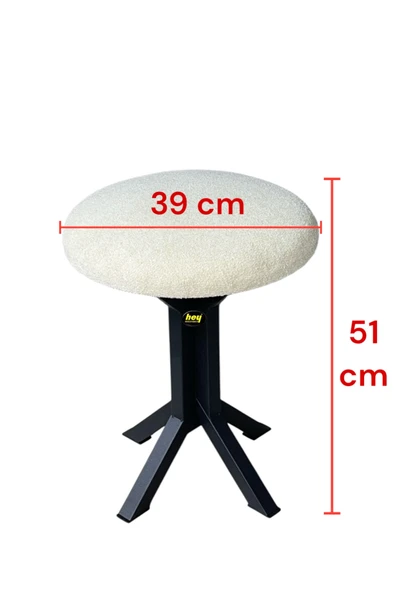Tabure Krem Puffy Bukle Kumaş Puf Makyaj Masası Sandalyesi Metal Sandalye Tekli Çap 39 x Yükseklik 51 cm - 4