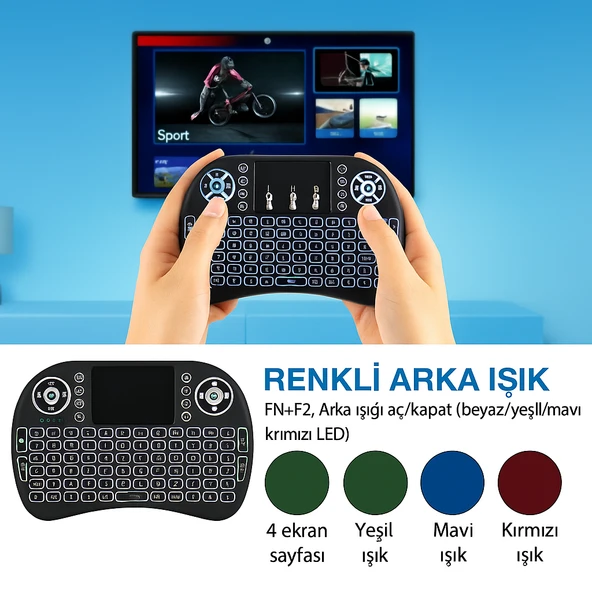 Akıllı TV ve Android Cihazlar için Kablosuz RGB Aydınlatmalı Mini Klavye Uzaktan Kumanda - 3