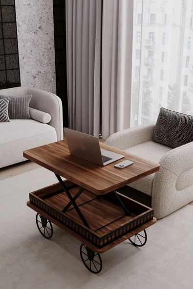 kolexonline Capria akıllı sehpa çalışma masası yemek masası yer sofrası tekerli araba model sehpa ceviz renk - Resim 2