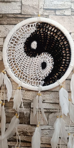 Düş Kapanı Makrome Dreamcatcher Yin Yang Kuş Tüyü Rüya Kapanı Duvar Süsü Elişi - 2
