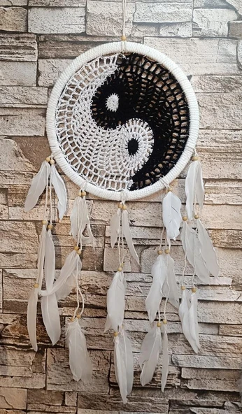 Düş Kapanı Makrome Dreamcatcher Yin Yang Kuş Tüyü Rüya Kapanı Duvar Süsü Elişi