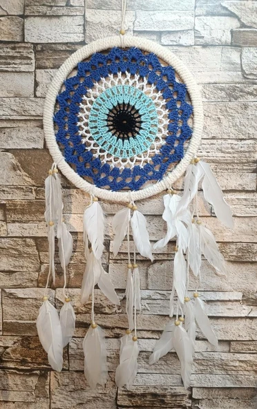 Düş Kapanı Makrome Dreamcatcher Nazar Boncuk Kuş Tüyü Rüya Kapanı Duvar Süsü Elişi - 4