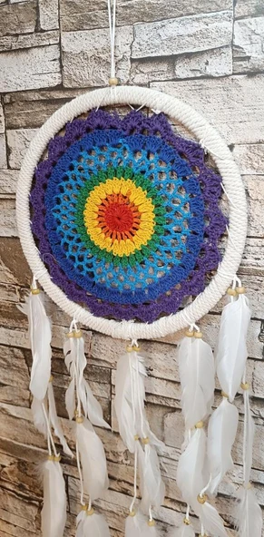 Düş Kapanı Makrome Dreamcatcher Gökkuşağı Kuş Tüyü Rüya Kapanı Duvar Süsü Elişi - 2