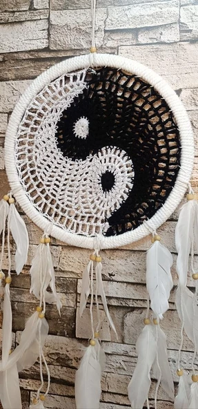 Düş Kapanı Makrome Dreamcatcher Yin Yang Kuş Tüyü Rüya Kapanı Duvar Süsü Elişi - 4