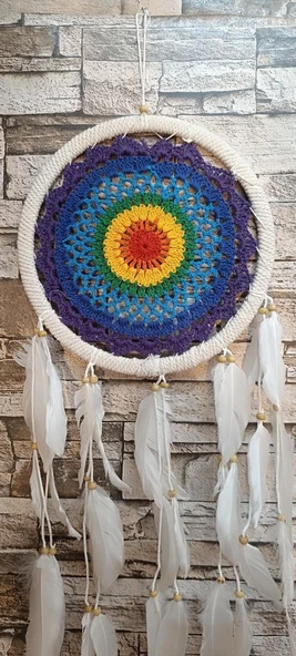 Düş Kapanı Makrome Dreamcatcher Gökkuşağı Kuş Tüyü Rüya Kapanı Duvar Süsü Elişi - 4