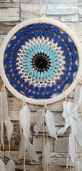Düş Kapanı Makrome Dreamcatcher Nazar Boncuk Kuş Tüyü Rüya Kapanı Duvar Süsü Elişi - 3