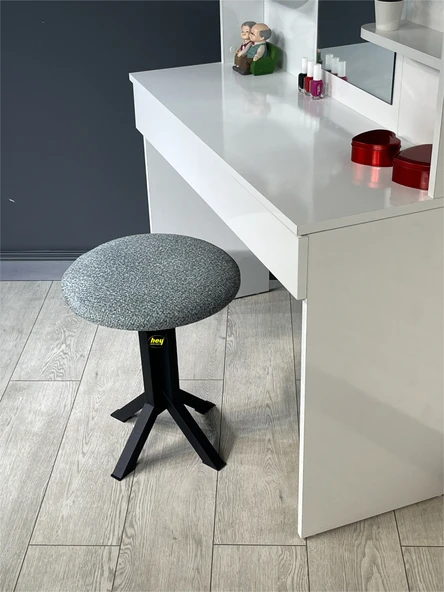 Tabure Mavi Puffy Bukle Kumaş Puf Makyaj Masası Sandalyesi Metal Sandalye Tekli Çap 39 x Yükseklik 51 cm - 3