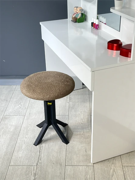Tabure Kahverengi Puffy Bukle Kumaş Puf Makyaj Masası Sandalyesi Metal Sandalye Tekli Çap 39 x Yükseklik 51 cm - 4