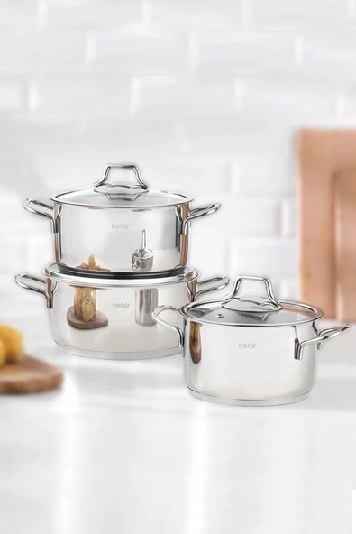 Nehir Silver Klasik 6 Parça Çelik Derin Tencere Seti Nehir Silver Klasik 6