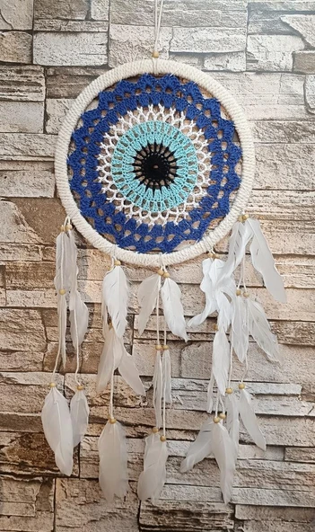 Düş Kapanı Makrome Dreamcatcher Nazar Boncuk Kuş Tüyü Rüya Kapanı Duvar Süsü Elişi - 2
