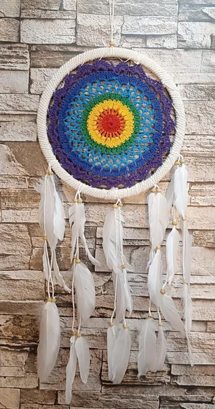 Düş Kapanı Makrome Dreamcatcher Gökkuşağı Kuş Tüyü Rüya Kapanı Duvar Süsü Elişi