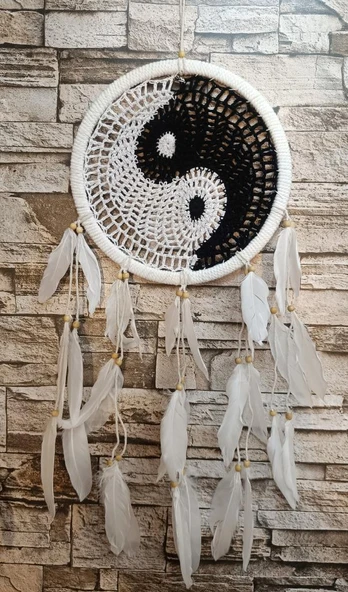 Düş Kapanı Makrome Dreamcatcher Yin Yang Kuş Tüyü Rüya Kapanı Duvar Süsü Elişi - 5