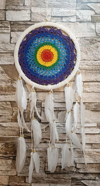 Düş Kapanı Makrome Dreamcatcher Gökkuşağı Kuş Tüyü Rüya Kapanı Duvar Süsü Elişi - 5