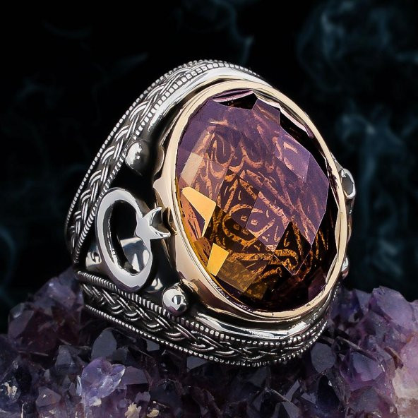 Zultanit Taşlı Ayyıldız Tasarımlı La Galibe İllallah Yazılı Gümüş Erkek Yüzük ürün görseli 1