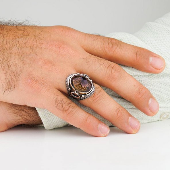 Zultanit Taşlı Ayyıldız Tasarımlı La Galibe İllallah Yazılı Gümüş Erkek Yüzük - Resim 2