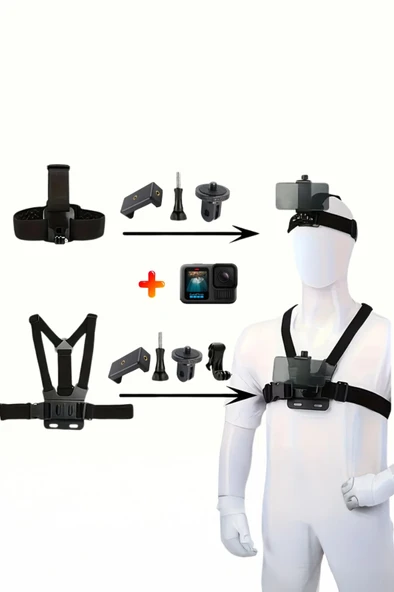 GoPro Aksiyon Kamera ve Telefon ile Uyumlu Kafa ve Göğüs Bandı Askı Seti - 4