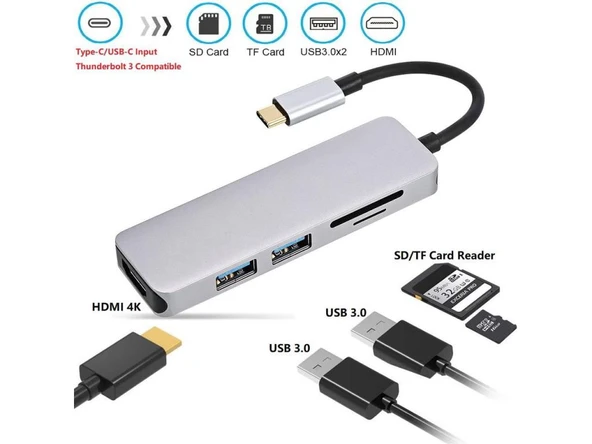 Type-C 5in1 4K Hdmi 2xUsb 3.0 Sd Tf Kart Girişli Çevirici Otg Hub - 2