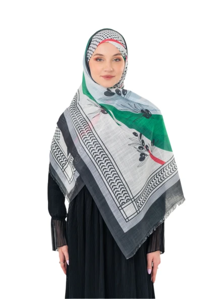 Filistin Şal Kefiye Zaytin Ve Filistin Bayrak Baskılı Kareli Kadın Şal S100035 - 5