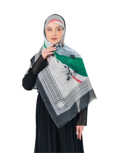 Filistin Şal Kefiye Zaytin Ve Filistin Bayrak Baskılı Kareli Kadın Şal S100035 - 9