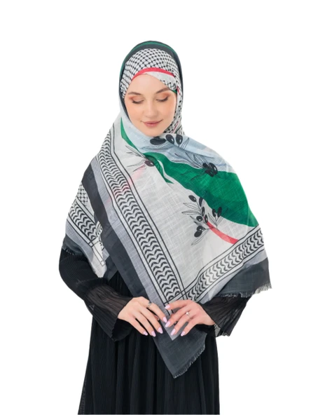 Filistin Şal Kefiye Zaytin Ve Filistin Bayrak Baskılı Kareli Kadın Şal S100035 - 4