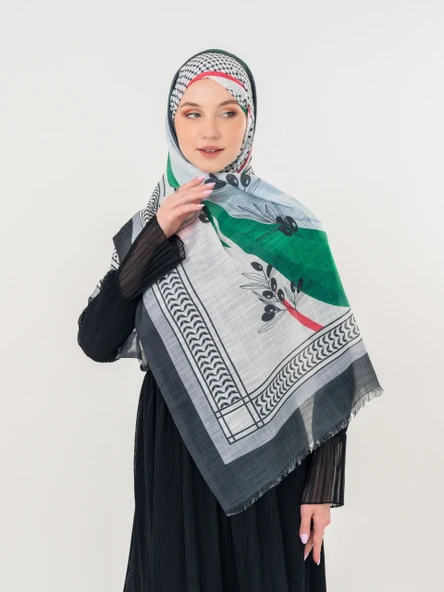 Filistin Şal Kefiye Zaytin Ve Filistin Bayrak Baskılı Kareli Kadın Şal S100035 - 6