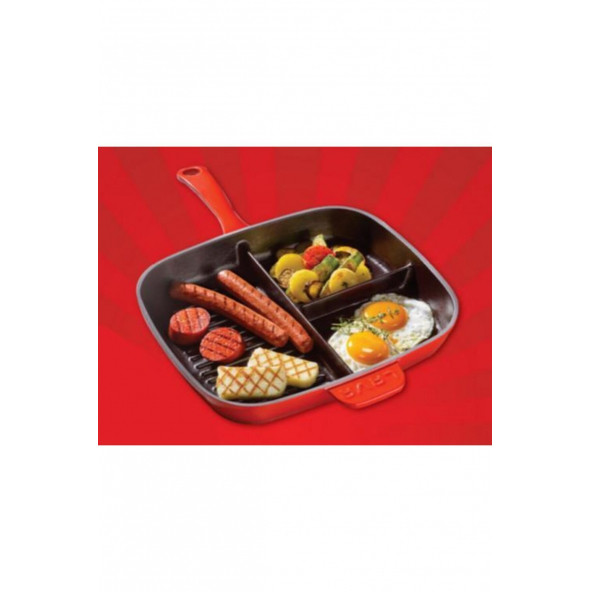 Lava Kırmızı Grill Bölmeli Izgara Dikdörtgen Döküm Tava - 1