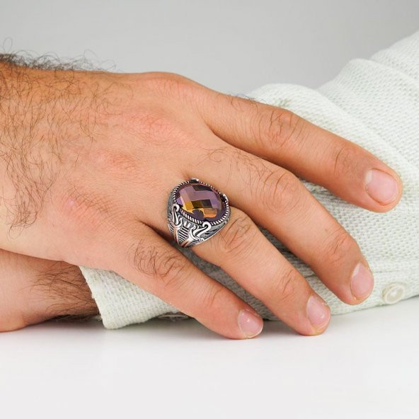Zultanit Taşlı Kılıç Tasarımlı 925 Ayar Gümüş Erkek Yüzük - Resim 2
