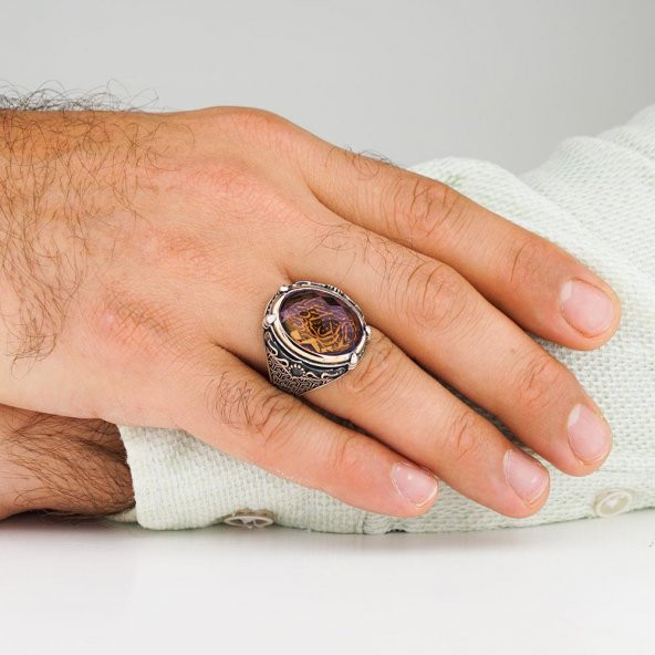 Zultanit Taşlı La Galibe İllallah Yazılı Desenli 925 Gümüş Erkek Yüzük - Resim 2