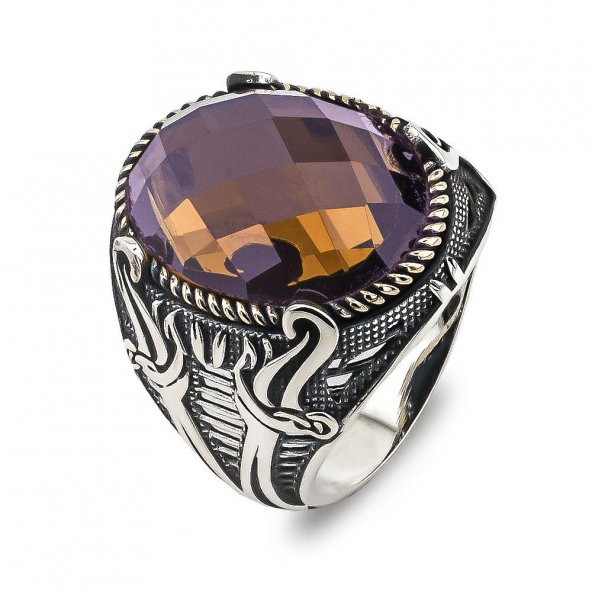 Zultanit Taşlı Kılıç Tasarımlı 925 Ayar Gümüş Erkek Yüzük - Resim 3