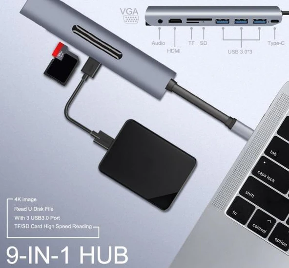 Type-C 9in1 4K Hdmi Vga Micro SD TF Kulaklık 3 Usb Şarj Girişli - 6