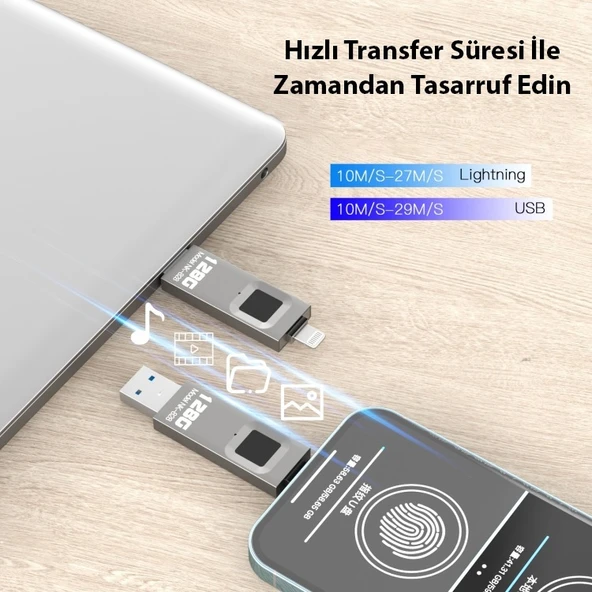iPhone iPad ile Uyumlu Usb 128gb Parmak İzi Korumalı Flash Bellek - 7