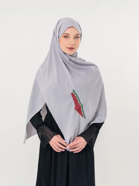 Polyster Gri Rengi Şal Filistin Haritası Karpuz Renkler İle Nakışlı S100036 - 7