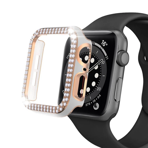 Apple Watch 5 6 44mm Uyumlu Çift Sıra Parlak Taşlı Rubber Kasa Kapak - Resim 6